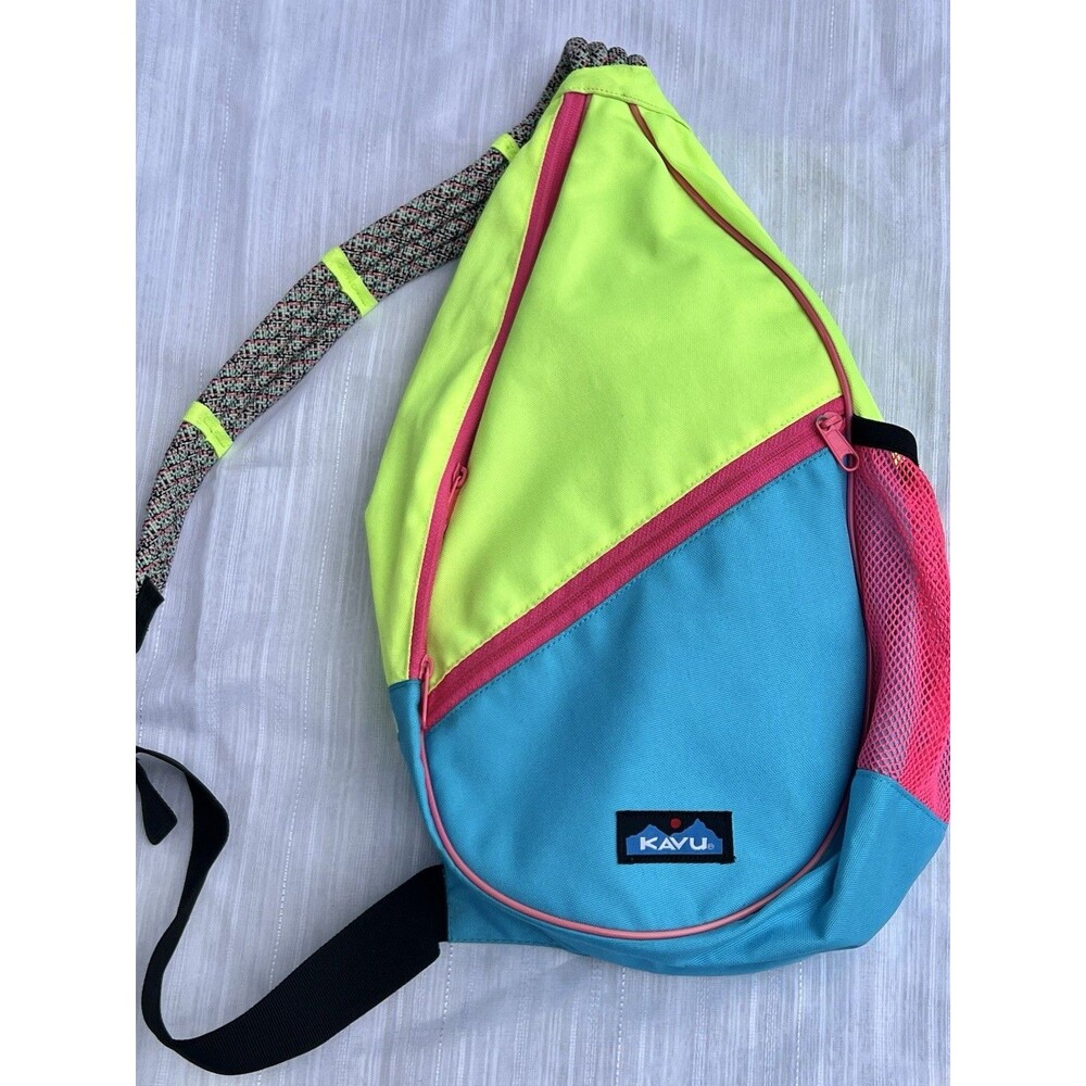 KAVU Paxton Pack Rope Sling Bag 90’s Neon Colorblock Pink Yellow Crossbody